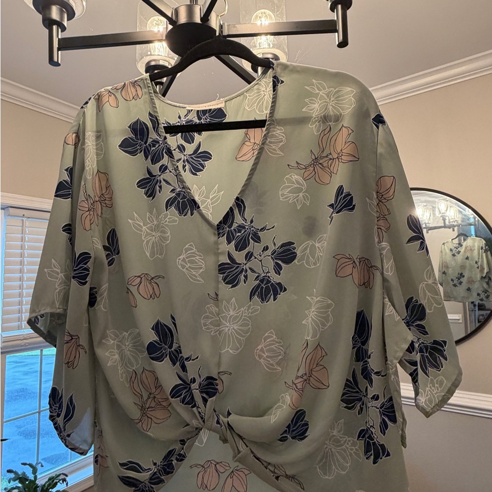 Floral V-Neck Blouse - Green, Navy, and Pink